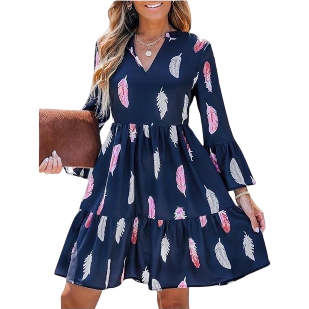 NWT Cupshe Feather Print Bell Sleeve Tiered Mini Dress Blue Pink L - Picture 3 of 6